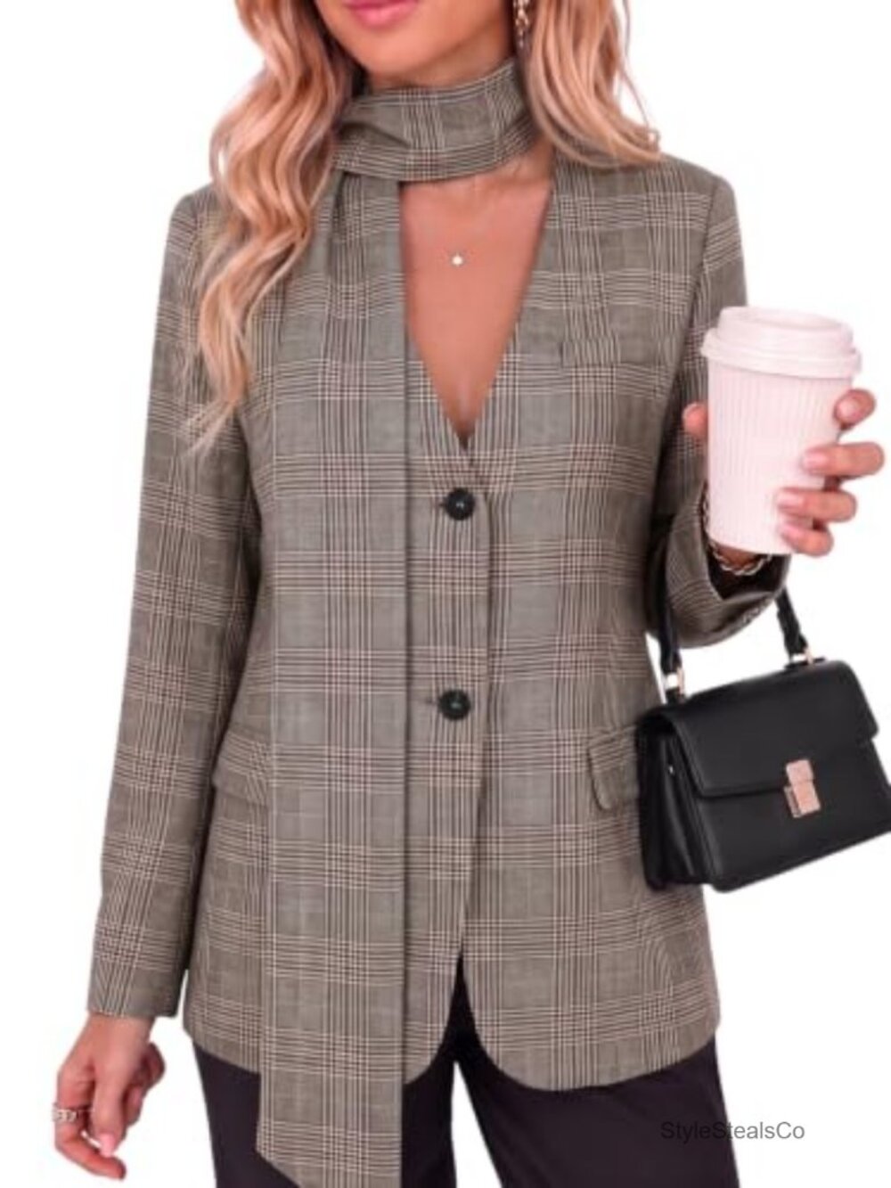 Women's Plaid Blazer with Matching Scarf - Business Casual